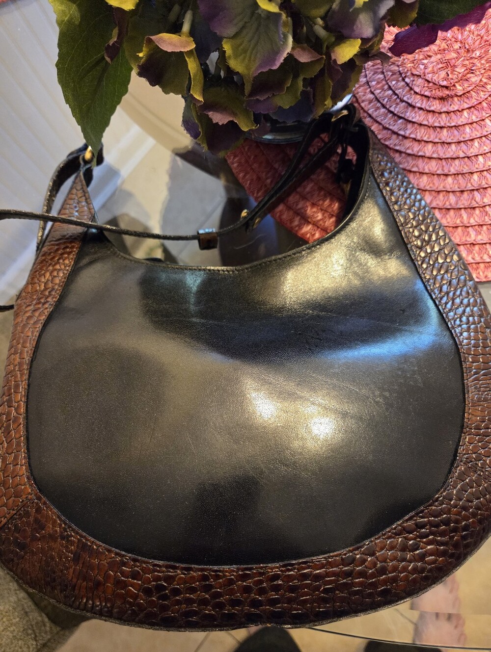 Brahmin Vintage Black Leather Saddle Bag with Brown Croc-Trim Excellent
